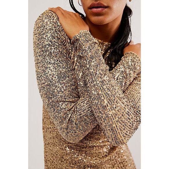 Free People Gold Rush Long Sleeve Top Sequin Gold Combo Size XS NWOT - Picture 3 of 6